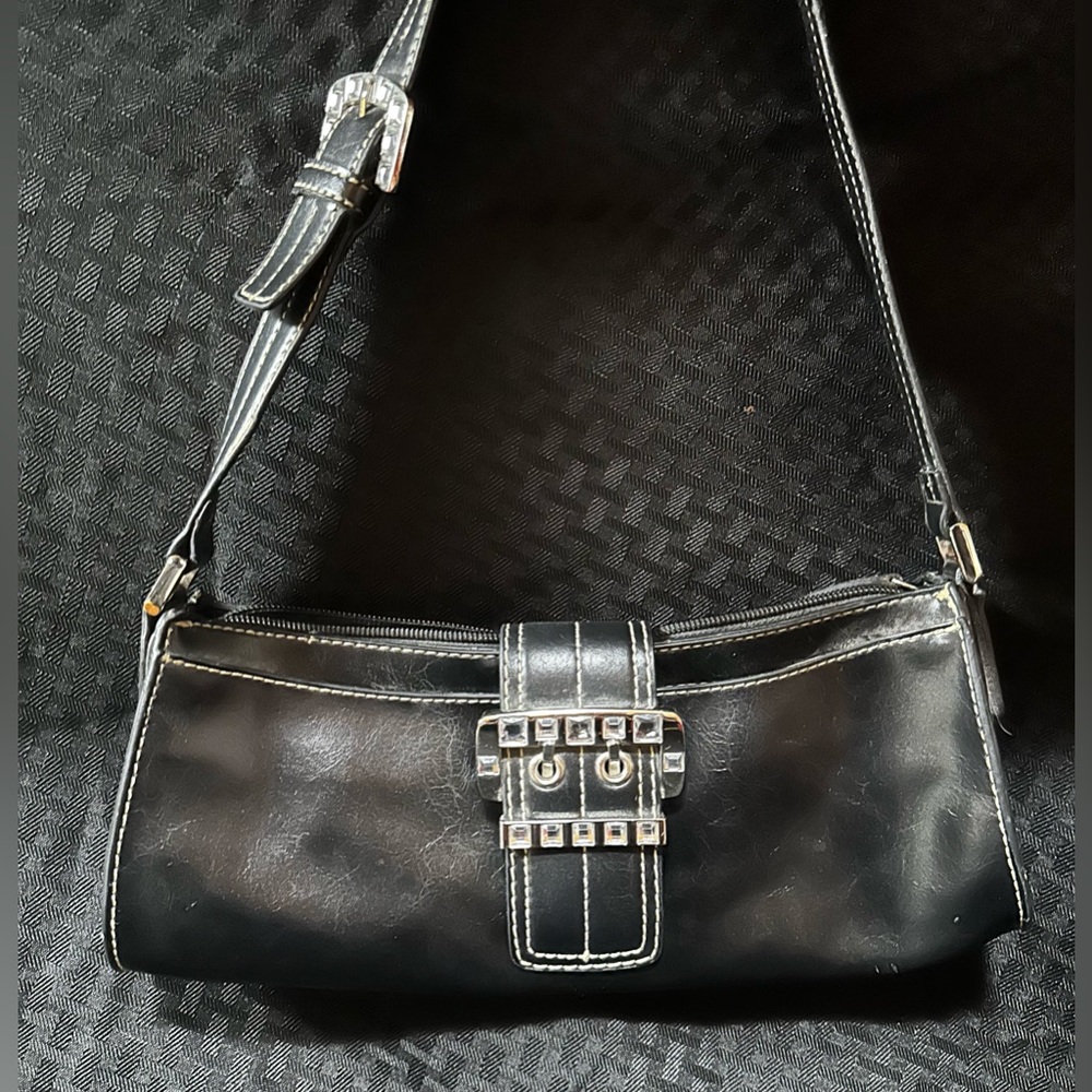 Nine West Black Faux Leather Top Handle Handbag Bejeweled Magnetic Closure